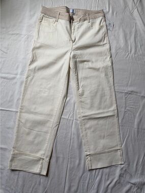 Time and Tru Cream Jeans with Tan Waistband with Stitched Rolled Cuffs